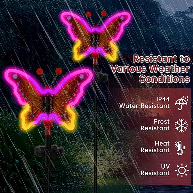 Solar Garden Butterfly Lights, Garden Outdoor Lights Decor, Butterfly Solar neon Light,led Butterfly Lights,Yard Patio Pathway Decoration (Red, 2pack)