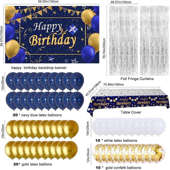 Blue and Gold Birthday Decorations for Men Women, Happy Birthday Decorations fo Boys Girls Party Decoration Backdrop & Tablecloth Balloons Arch Kit Confetti Balloons Foil Fringe Curtains Table Cover