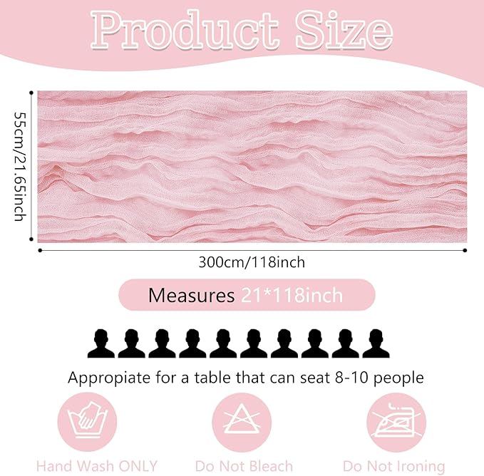 20 Pack Pink Cheesecloth Table Runner 10FT Boho Gauze Fabric Cheese Cloth Table Runners for Wedding ,Party,Baby Shower, Bridal Party, Rustic Farmhouse and Table Decorations