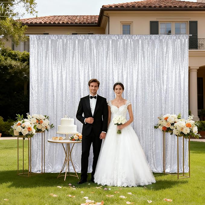 SquarePie 20x10ft Silver Sequin Backdrop for Photography, Satin-Backed Real Sequin Curtain, Enhanced Coverage Shimmering Background with 4" Rod Pocket for Wedding, Birthday, Party Decor, 1 Panel