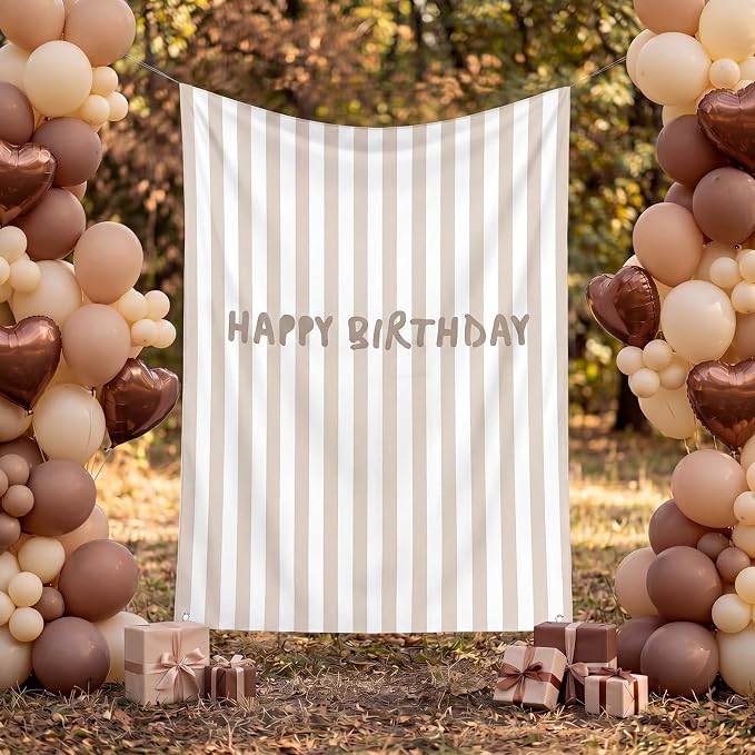 Flutesan 7x5ft Beige Stripe Happy Birthday Backdrop Large Banner Fabric Tapestry Birthday Party Decoration Baby Shower Linen Rustic Background Wall Photo Props Indoor Outdoor