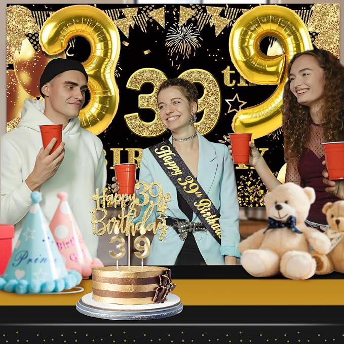 39th Birthday Decorations Men Women with 39th Birthday Banner, Black and Gold Table Cloth, Number Balloons, Large Sash, Cake Topper and Candles