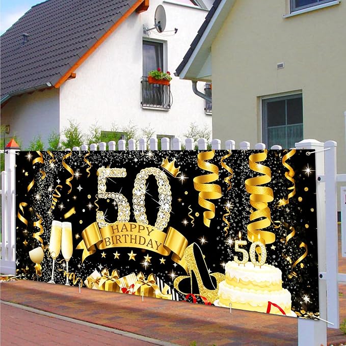 50th Birthday Garage Door Banner Cover 7x16ft Waterproof -Gold Glitter Diamond Backdrop, Luxury Milestone Party Decor for Adults, Anniversary Photo Booth Background