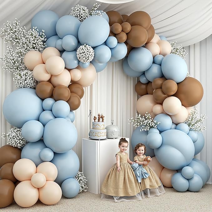 412Pcs Dusty Blue and Brown Balloon Arch Kit, 5 10 12 18inch Bear Baby Shower Decorations with Brown Sand White Dusty Blue Balloons for Baby Shower Decorations Gender Reveal Birthday Party Decoration