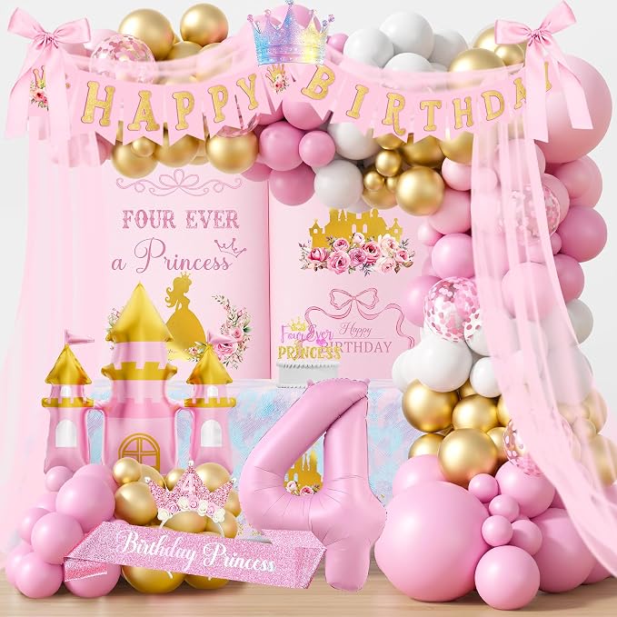 Four Ever a Princess Birthday Decorations, Princess 4th Birthday Party Decoration Supplies, Balloon Garland Castle Balloon Tablecloth Backdrop Cake Topper