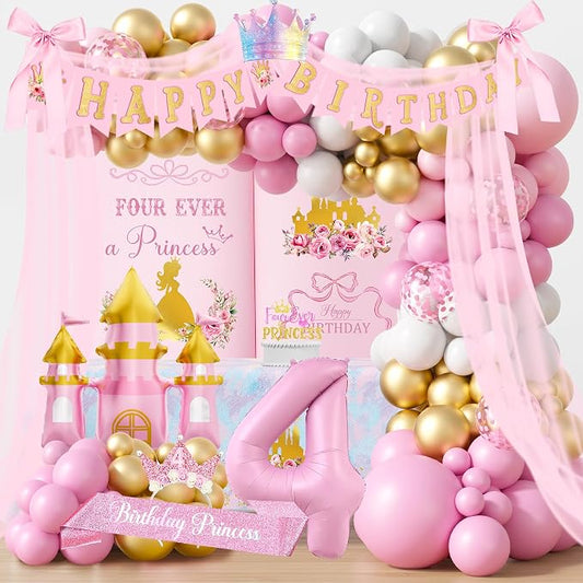 Four Ever a Princess Birthday Decorations, Princess 4th Birthday Party Decoration Supplies, Balloon Garland Castle Balloon Tablecloth Backdrop Cake Topper