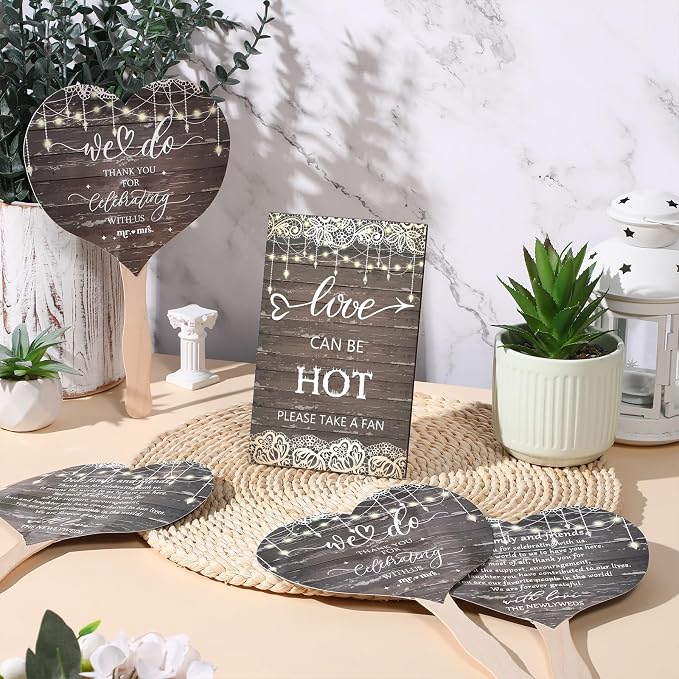 51 Pcs Wedding Fans for Guests Wedding Favor Paper Fans with Handle Bulk Table Sign for Ceremony Bridal Party Decoration(Brown,Rustic)