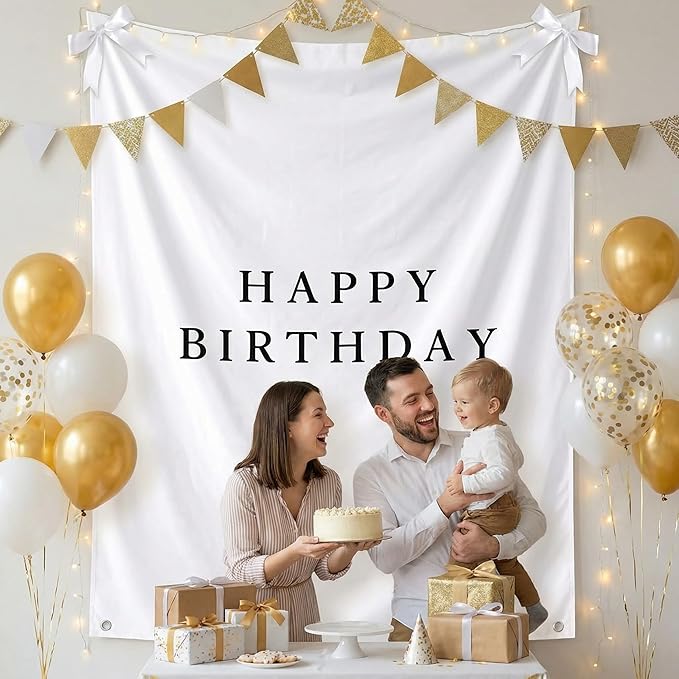 Oudain 60x78 Inch Happy Birthday Burlap Banner, Fabric Party Decorations Backdrop, Boho Rustic Photo Props Sign with Hanging String for Birthday Party Indoor Outdoor Yard Wall Decor