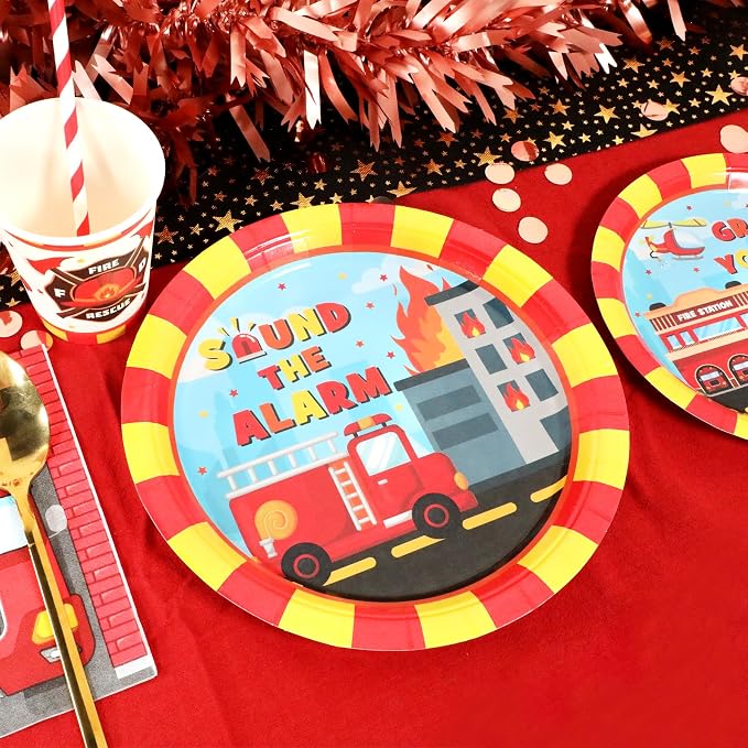 Recheel Firetruck Birthday Party Supplies Decorations, Fire Truck Theme Paper Plates and Napkins Set for 24 Guests, 120 Pcs Disposable Firefighter Party Dessert Dinnerwares