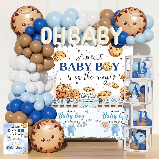 Costova Milk and Cookies Baby Shower Decorations, 123 PCs Cookie Baby Shower Party Supplies with A Sweet Little Cookie Is on the Way Backdrop, Balloon Garland, Cake Topper, Boxes