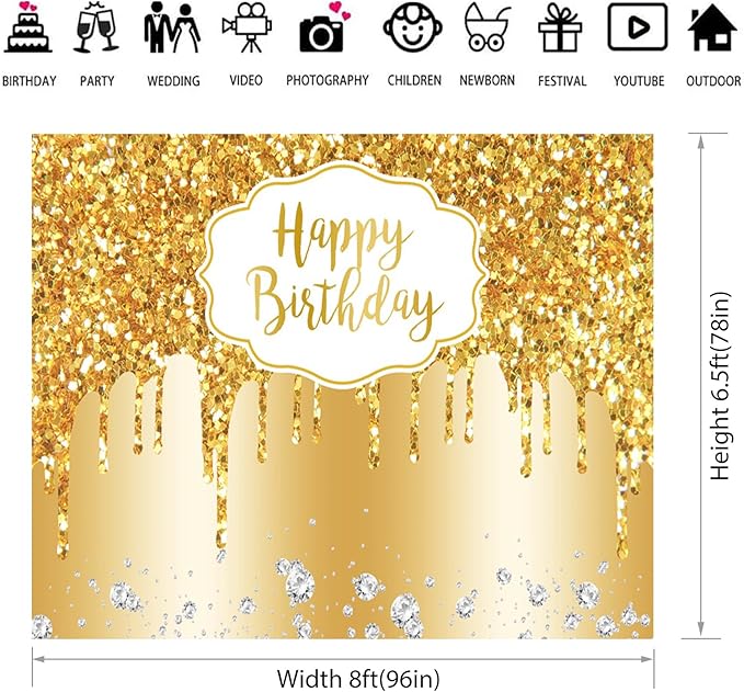 Baocicco 8x6.5ft Gold Happy Birthday Backdrop Modern Luxury Glitter Diamond Photography Background for Women Girls Sweet Princess Birthday Party Bridal Shower Decor Banner Supplies Photo Booth Props
