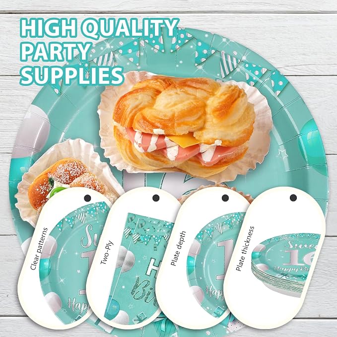 96Pcs Teal 16th Birthday Party Supplies Teal and Silver Sweet 16 Plates and Napkins Tableware Sets Sixteen Party Decorations for Teens Boys and Girls 16 Years Old Birthday Supplies Serves 24