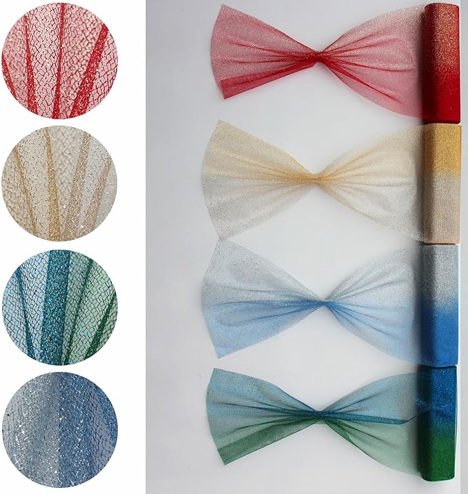 4 Colors Fabric Tulle 11.8 Inch by 15 Yards Sparkle Fabric Ribbon for Christmas Gift Wrapping DIY Tutu Skirt Sewing Bow Wedding Decorations Craft Supplies