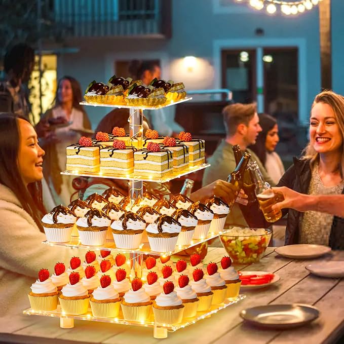 YestBuy Cupcake Stand with Yellow LED Lights, 4 Tier Cupcake Stand for 50 Cupcakes, Acrylic Cupcake Tower Stand, Clear Tiered Cupcake Holder for Birthday Candy Bar Décor Weddings, Parties Events