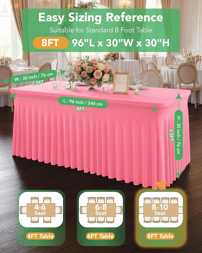 4 Pack Spandex Table Cover Skirts for 8ft Rectangle Tables, Pink Stretch Table Cloths with Floor-Length Ruffle, Elastic Fitted Skirted Tablecloth for Elegant Wedding Banquet Party Buffet Decoration