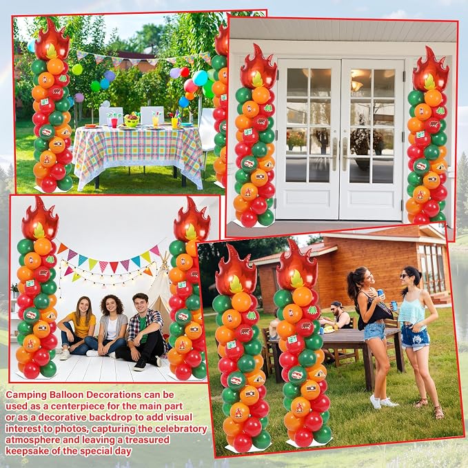 2 Sets Vbs Camping Balloon Column Stand Kit With 102 Camping Balloons Campfire Foil 5.57ft Adjustable Balloon Tower Stand With Bases Adjustable Arch Column for 2026 School Camp Party Birthday Supplies