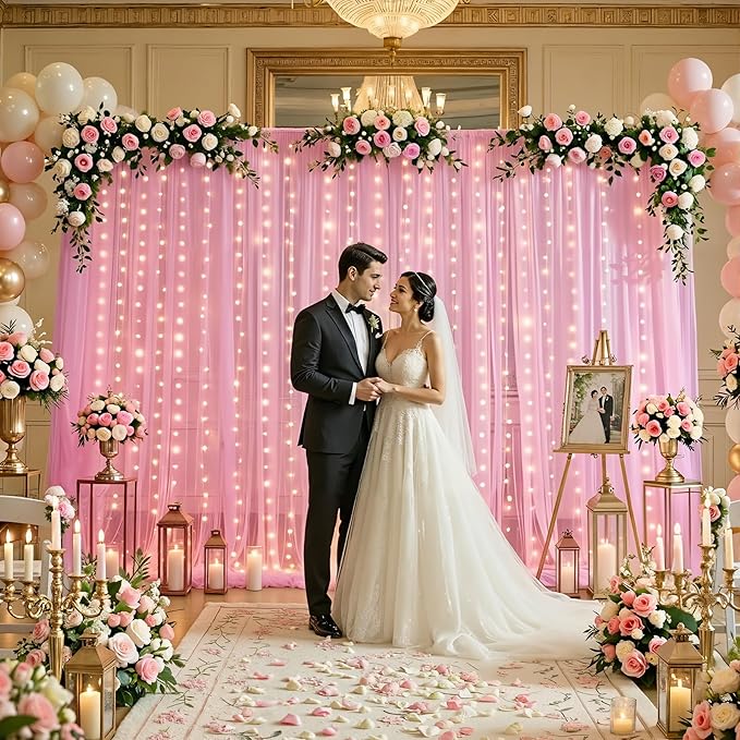 10ft×15ft Pink Tulle Backdrop Curtains with Lights String for Parites Pink Sheer Backdrop Curtains for Baby Shower Girls Birthday Party Wedding Bridal Shower Photo Shoot Background 2 Panels 5×15ft