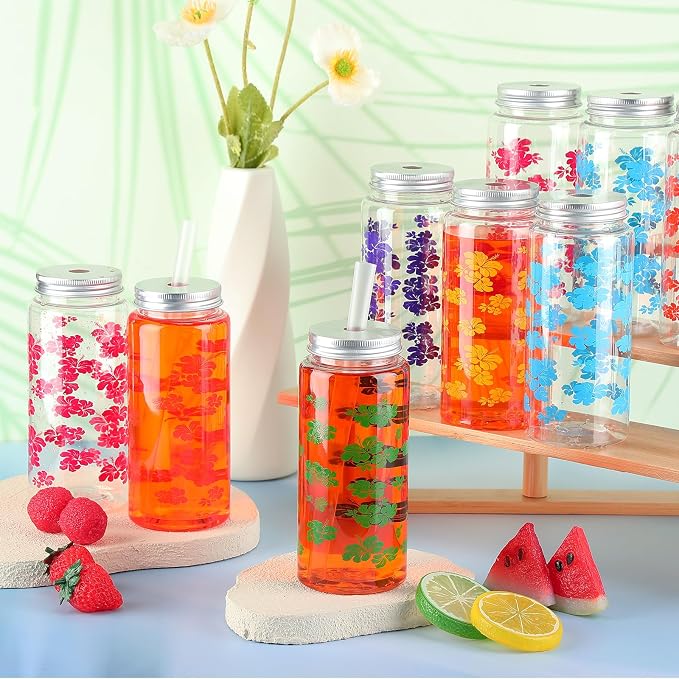 Skylety 30 Pcs 13.5 oz Hawaiian Luau Party Cups with Lids and Straws Hawaiian Hibiscus Party Cups Clear Plastic Tumbler Decorations for Women Sea Summer Birthday Bridal Wedding Reusable Supplies