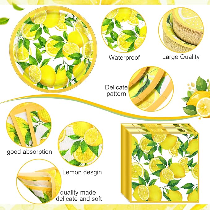 Funnymoom 452 Pcs Lemon Party Decorations, Yellow Lemons Paper Plates Napkins Cups Tablecloth Cutlery Straws for Summer Fruit Theme Birthday Wedding Baby Shower Party Supplies, Serves 50