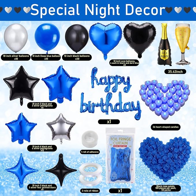Realspring 175 Pcs Blue Happy Birthday Balloons Decorations Birthday Letters Banner with LED Candle Star Balloons 5000 Rose Petals for Surprise Party Room Decor Men Women