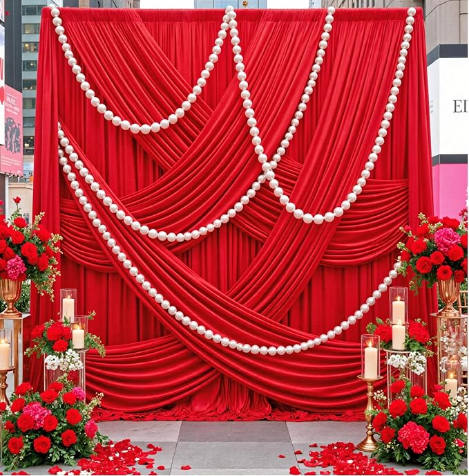 20ft×12ft Red Backdrop Curtain for Wedding Parties, 4 Panels Wrinkle Free Polyester Photo Backdrop Drapes Back Drop Cloth for Memorial Day Birthday Photography Background