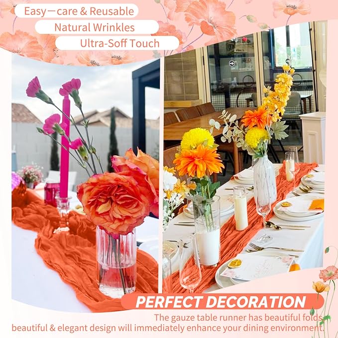30 Pack Orange Cheesecloth Table Runner 17 x 108 inch Boho Gauze Table Runner Rustic Sheer Cheese Cloth Table Decorations for Wedding Party Baby Bridal Shower Birthday Holiday Home