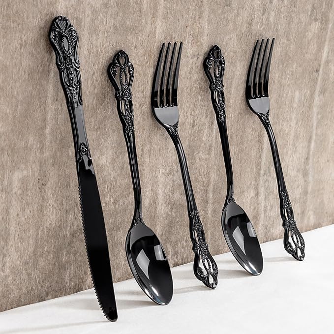150PCS Black Plastic Silverware - Heavy Duty Disposable Cutlery Sets - Fancy Plastic Utensils Flatware Include 50 Forks, 50 Spoons, 50 Knives for Catering Dinners Wedding Party