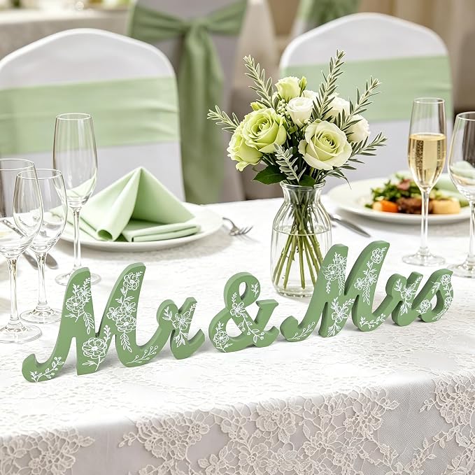 Mr & Mrs Sign for Wedding Table Sage Green Floral Wedding Decorations for Reception Rustic Wooden Freestanding Letters Table Centerpieces Wooden Photo Booth Props for Wedding Bridal Anniversary Supplies