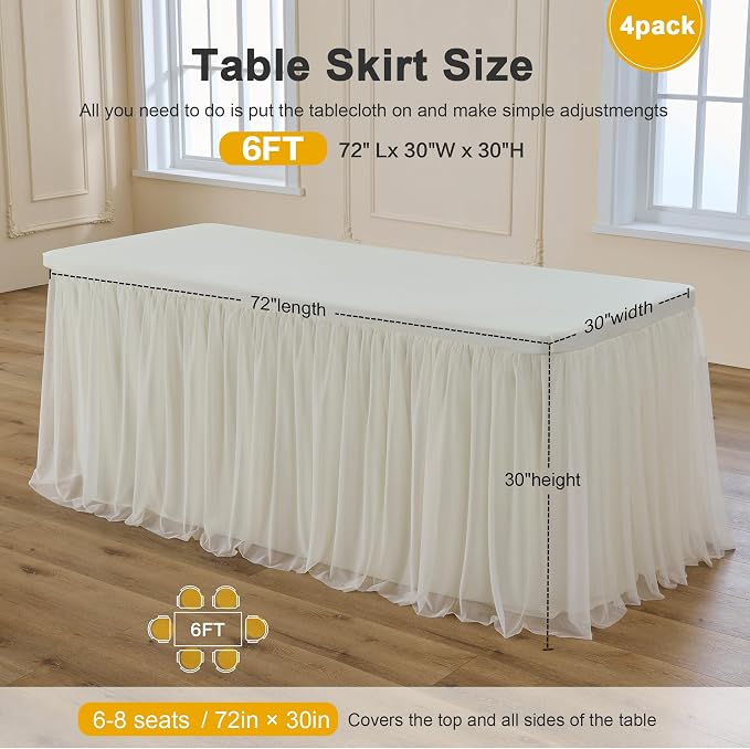 familus Ivory Table Cloths 6 Foot Rectangle 4 Pack Stretch Ruffle Tulle Tablecloth Spandex Fitted Table Cover for 6 Foot Tulle Table Skirts for Party Wedding Table Cloths, Banquets