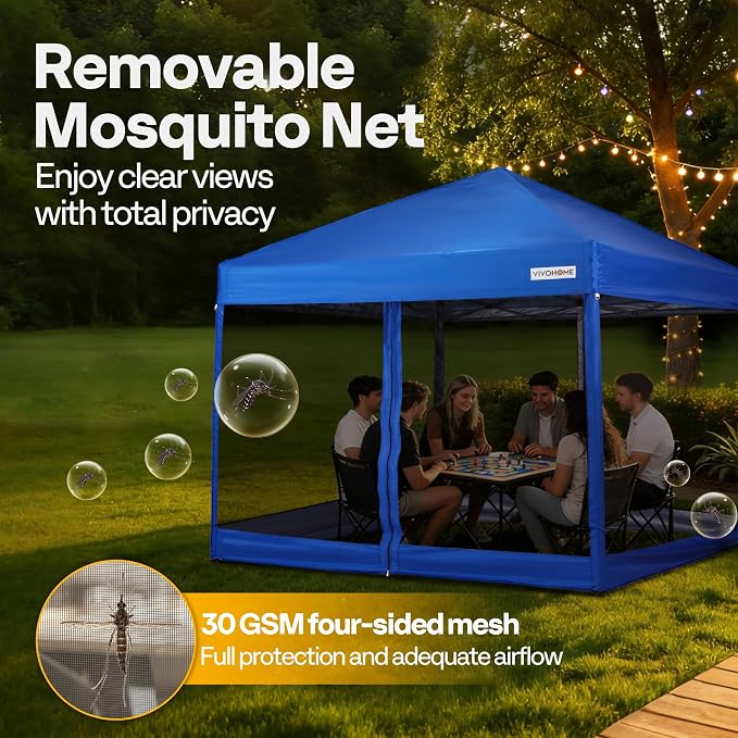 VIVOHOME 10x10ft Easy Pop-Up Canopy, Outdoor Screen Tent with Mosquito Netting, 2 Zipper Doors, and Roller Bag for Yard Camping Picnic Party Events, Blue