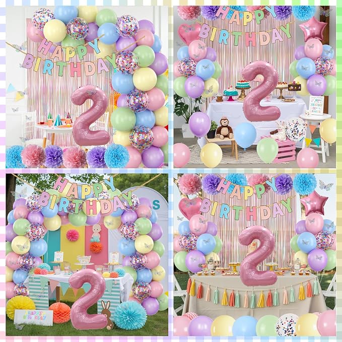 Pastel 2nd Birthday Party Decorations for Girls Number 2 Balloon Happy Birthday Banner Butterfly Stickers Fringe Curtain Paper Pom Poms Macaron Pink Star Foil Colorful Balloons Baby 2 Year Old Decor