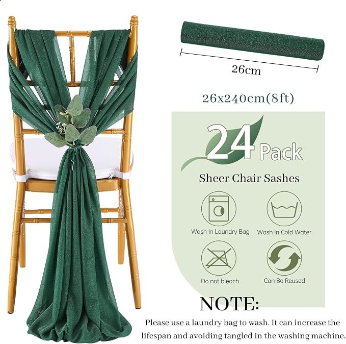 QueenDream Emerald Green Chair Sashes Wedding Aisle Decorations: 24 Packs 8ft Long Draping Fabric Sheer Church Chair Cover Bulk for Party Banquet