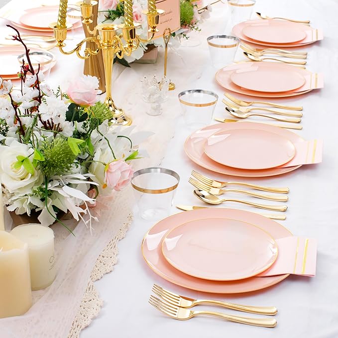 NOCCUR 350PCS Pink Plates Disposable - Pink Gold Plastic Dinnerware Set for 50 Guests Include 100 Dinner/Dessert Plates,150 Cutlery,50 Cups&50 Napkins - Ideal for Party/Wedding/Mother's Day