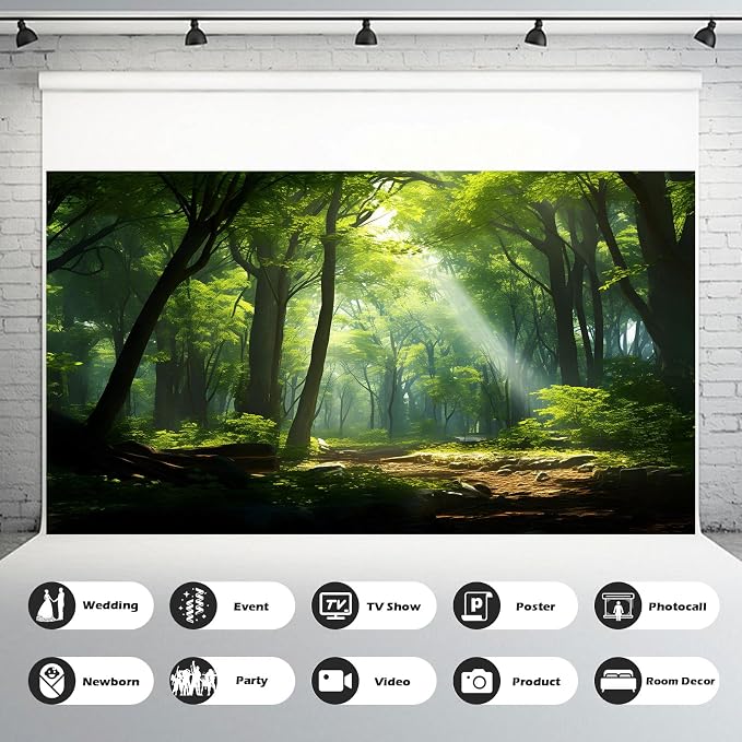 Forest Backdrop Fantasy Green Forest with Sunbeams Photography Backgrounds Lush Green Leaves Trees Backdrops Outdoor Party Forest Background Wallpaper Banner Adult Portrait Photo Props 5x3ft