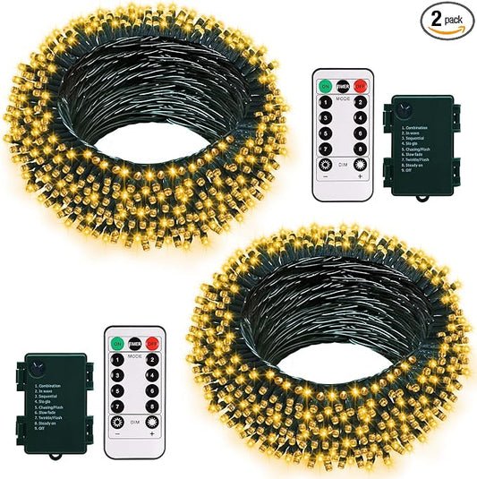 2Pack Christmas String Lights Battery 33Ft 10 LED Wreath lights for Outdoor | Green Wire,Remote,Timer, 8 Modes, Waterproof, Fairy Lights for Bedroom Garden Christmas Decor, Warm White