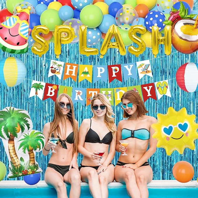 Summer Pool Beach Party Decorations, Splash Birthday Bash Party Supplies Tropical Summer Banner Beach Ball Lantern Fringe Curtain Foil Balloons Arch for Swimming Water Luau Hawaiian Party Decor(Blue)