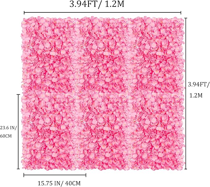 BLOSMON Flower Wall Panel Backdrop - 6 Pcs 24 x 16 Inch Pink Artificial Hydrangea Floral Backdrop for Wedding Party Baby Bridal Shower Decor, Hanging Fake Silk Flower Backdrop Decoration