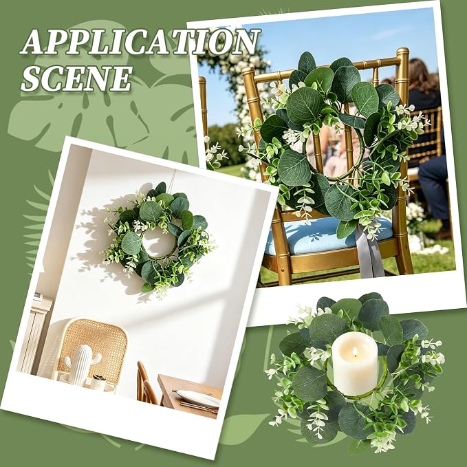 10PCS Eucalyptus Candle Rings Wreaths, Artificial Greenery Faux Kitchen Cabinet Wreath,Spring Wreath with Burlap Ribbon, Pillar Candle Holder Wreath for Porch Wall Window Farmhouse Wall Home Decor
