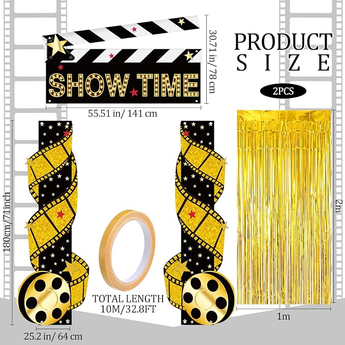 Peryiter 5 Pcs Movie Night Party Decorations Set, Movie Theme Door Banners Gold Tinsel Curtains Double Sided Tape for Film Night Party Supplies
