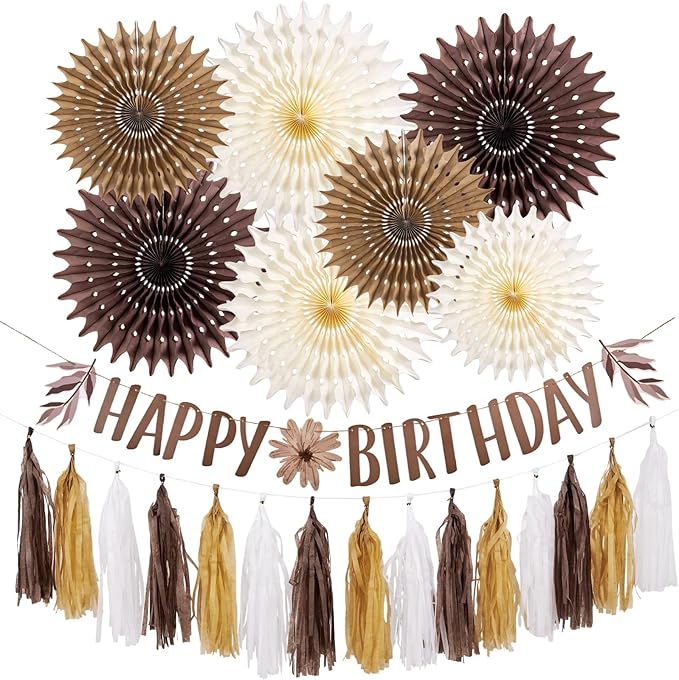 Brown Birthday Party Decorations for Women Neutral Boho Happy Banner Banner Brown Cream Honeycomb Paper Fans Hanging Tassel Garland Rustic Wedding Baby Shower Western Cowboy Party Supplies