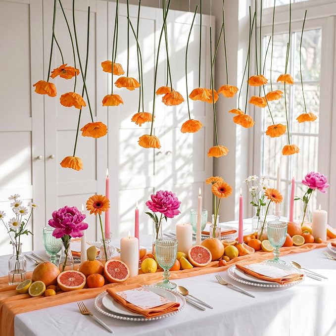 12 Pack 5 ft Artificial Poppy Flowers Hanging Garland Decorations Orange Poppy from Ceiling Dangling Faux Floral Vine Strings with Hook for Wall Ceiling Wedding Home Decor