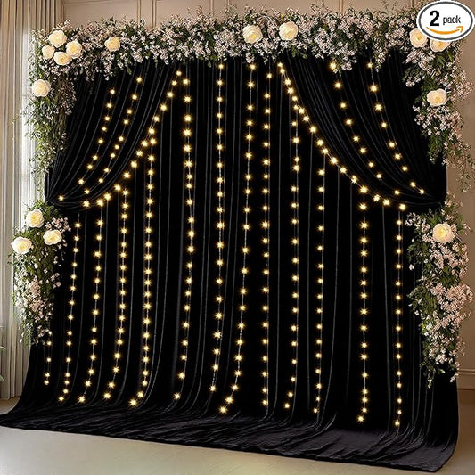 10 x 10ft Black Backdrop Curtains with Lights String for Birthday Party Spandex Photo Background Drapes Wrinkle Free Curtains Backdrop for Party Wedding Reception Baby Shower Ceremony-5 x 10ft x 2P