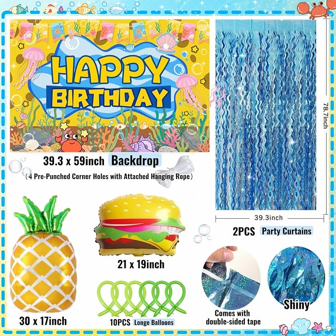 Sponge Birthday Decorations Kit - 153Pcs Under the Sea Party Supplies with Balloon Arch, Backdrop & Video Guide - All-in-One Vibrant Decor for Kids & Teens Birthday, Easy No-Stress Setup