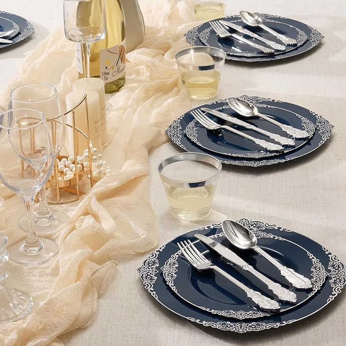 Goodluck 250 PCS Vintage Navy Blue & Silver Plastic Plates with Cutlery Set - Serves 50 - Heavy Duty Elegant Disposable Dinnerware for Graduation, Men's Birthday, Corporate Events