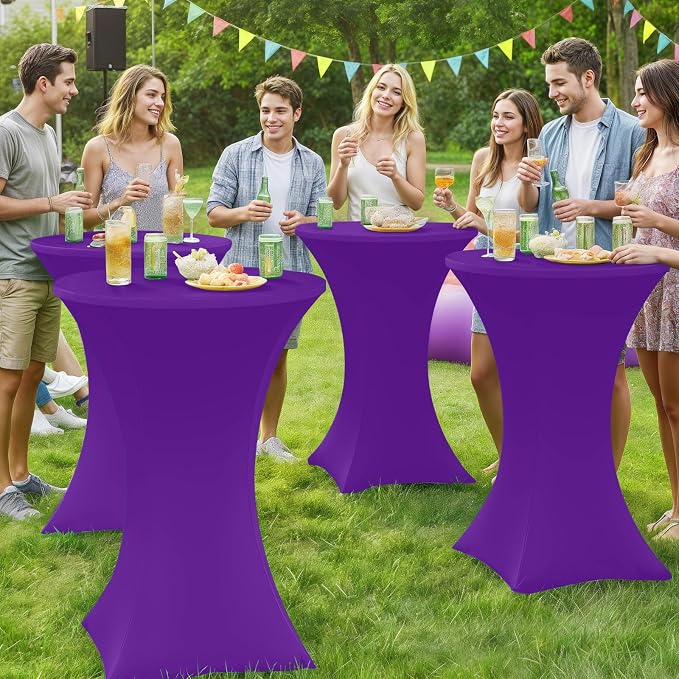 Moosfor Spandex Cocktail Table Covers 4 Pack, Elastic Fitted Stretch Table Cloth, Round High Top Tablecloths for Bar, Party, Pub, Wedding & Banquet (Purple, 32x43 Inch)