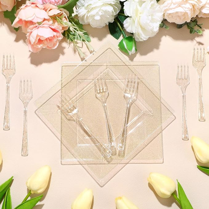 Eccliy 200 Pcs Gold Glitter Plastic Plate Sets Including 100 Disposable Glitter Plates 6.5 Inch and 100 Dessert Forks 5 Inch Clear Dinner Appetizer Forks Bulk for Birthday Wedding Party