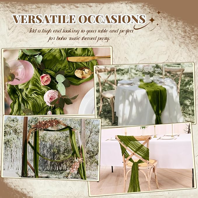 12 Pack Cheesecloth Table Runner,Olive Green Table Runner Long Romantic Semi Sheer Rustic Boho Gauze Table Runners for Wedding Bridal Shower Birthday Party Decorations(17.7×108 Inch)