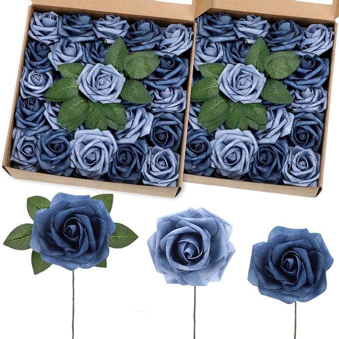 50 Pcs Artificial Foam Rose Flower Faux Bouquet Wedding Fake Rose Gift for Mother's Day Women DIY Bridal Shower Party Table Birthday Home Spring Decor (Dusty Blue Shades)