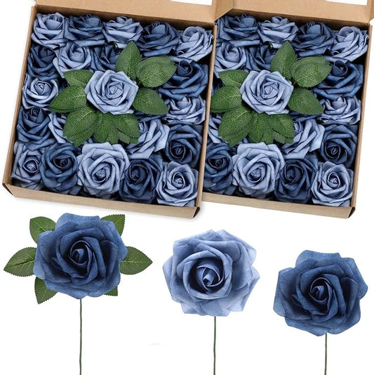 50 Pcs Artificial Foam Rose Flower Faux Bouquet Wedding Fake Rose Gift for Mother's Day Women DIY Bridal Shower Party Table Birthday Home Spring Decor (Dusty Blue Shades)
