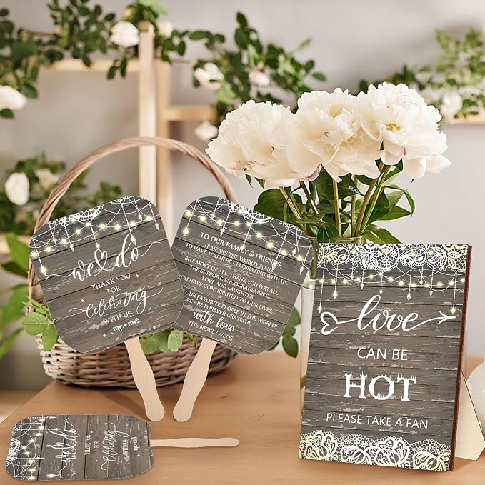 Fumete Wedding Favors for Guests 50 Pcs Wedding Fans and 1 Pc Table Sign Portable Paper Fan with Wooden Handle Hand Fan for Bridal Shower Party Favor Appreciation Gift(Light String)